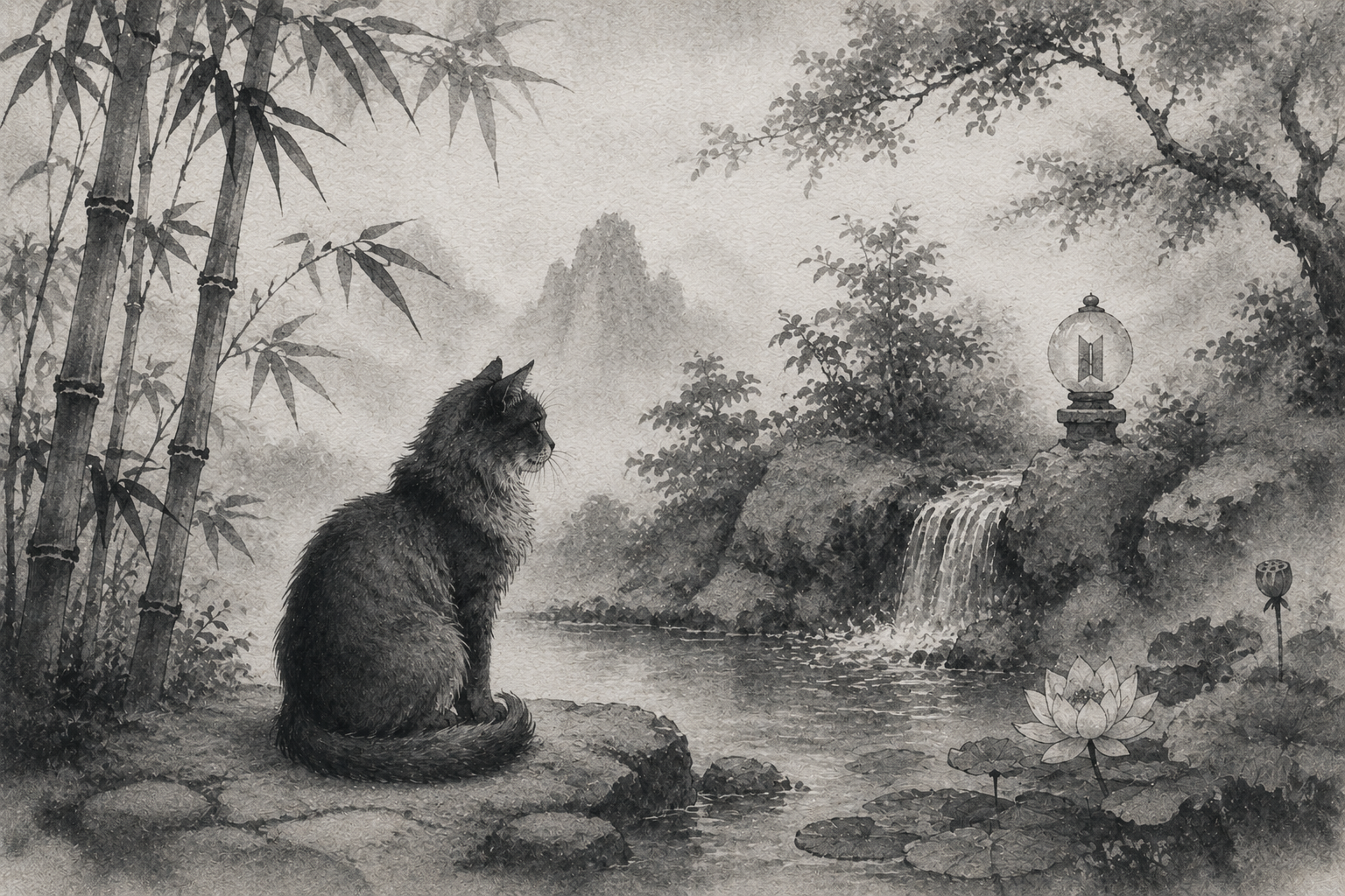 Cat in garden setting with bamboo and mountains (contains subtle BTS easter egg)