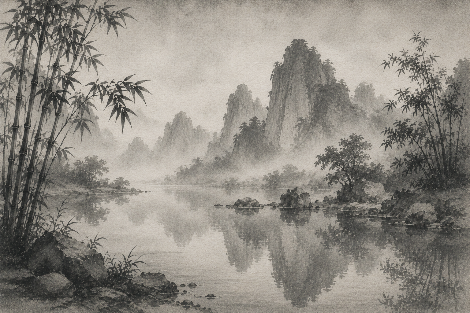 Serene pond with bamboo groves and misty mountains