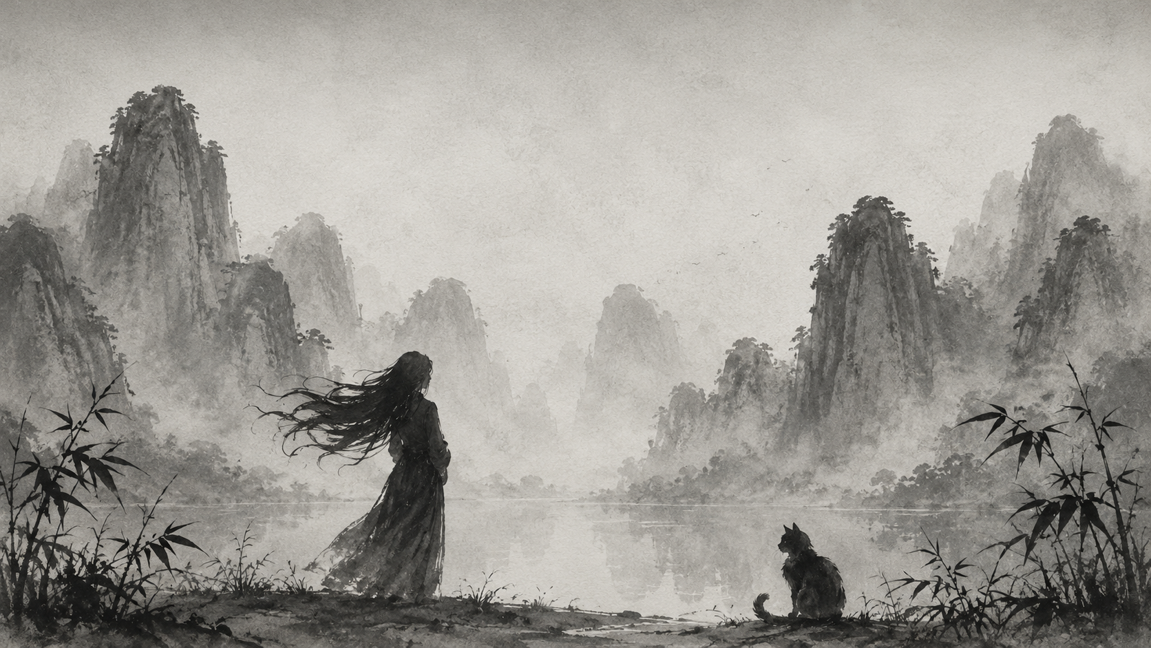Woman with flowing hair and cat by water with mountains