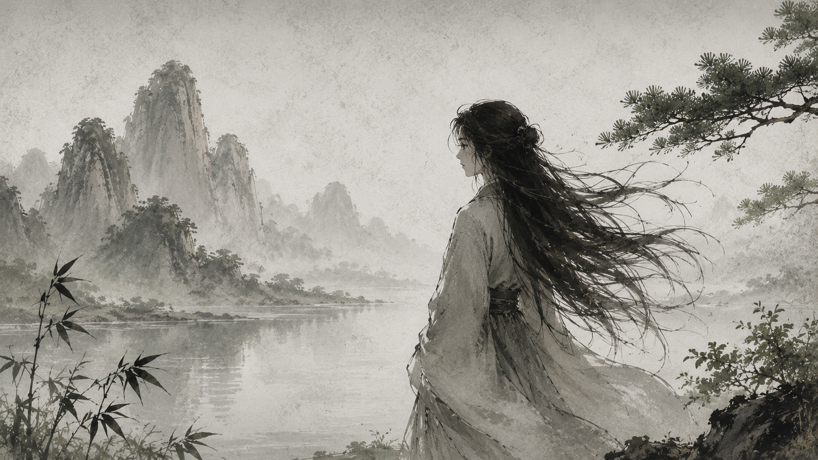 Woman in contemplation by misty mountains, beneath a pine branch
